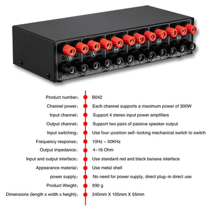 4 อินพุต 2 เอาต์พุต Power Amplifier และลำโพง Switcher สวิตช์ลำโพง Splitter Comparator 300W ต่อช่องโดยไม่สูญเสียคุณภาพเสียง, 4 In 2 Out