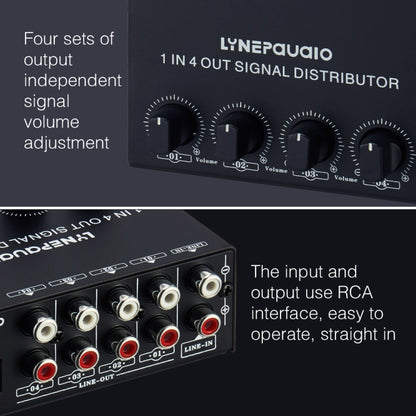 1-In 4-Out ด้านหน้าเครื่องขยายสัญญาณสเตอริโอ, การปรับระดับเสียงเอาต์พุตอิสระอินเทอร์เฟซ RCA No Loss Allocator, US Plug, B029