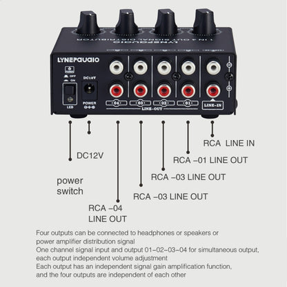 1-In 4-Out ด้านหน้าเครื่องขยายสัญญาณสเตอริโอ, การปรับระดับเสียงเอาต์พุตอิสระอินเทอร์เฟซ RCA No Loss Allocator, US Plug, B029