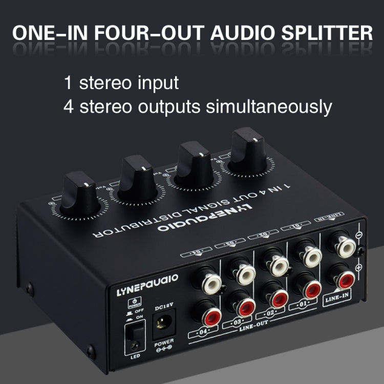 1-In 4-Out ด้านหน้าเครื่องขยายสัญญาณสเตอริโอ, การปรับระดับเสียงเอาต์พุตอิสระอินเทอร์เฟซ RCA No Loss Allocator, US Plug, B029