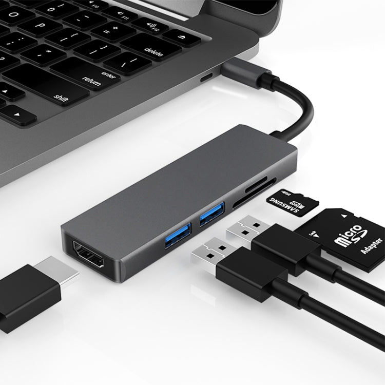 5 in 1 Type-c ถึง HDMI + 2 x USB 3.0 + ช่องเสียบการ์ด SD / TF อะแดปเตอร์ HUB, HDMI + 2 x USB 3.0 + SD / TF Card Slot