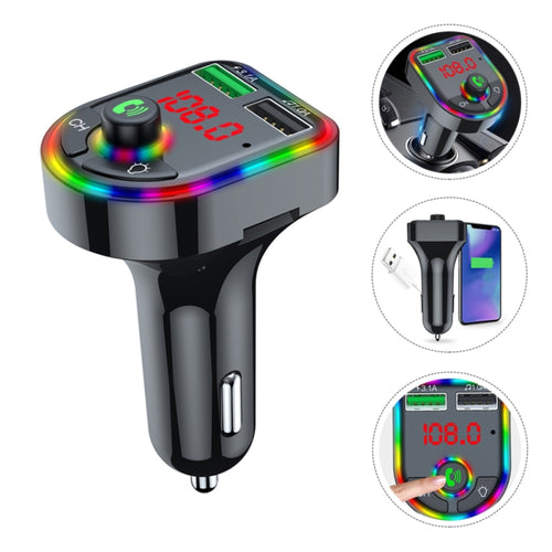 F6 เครื่องส่งสัญญาณ FM ในรถยนต์โคมไฟบรรยากาศการหายใจที่มีสีสัน MP3 Player Charger, F6