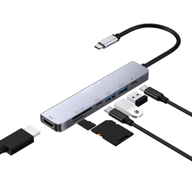 7 in 1 Type-C เป็น HDMI + SD / TF + 2 x Type-C + 2 x USB3.0 อะแดปเตอร์แยกมัลติฟังก์ชั่น