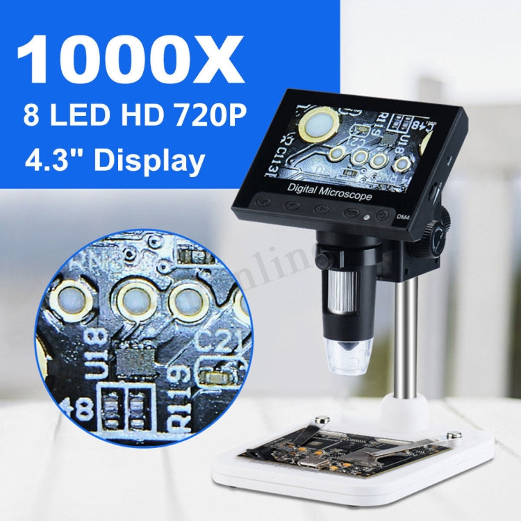 DM4 4.3 นิ้ว LCD ไมโครสโคปแบบดิจิตอลพร้อมการบันทึกและขาตั้ง, HD, 720P, 1000X ซูม