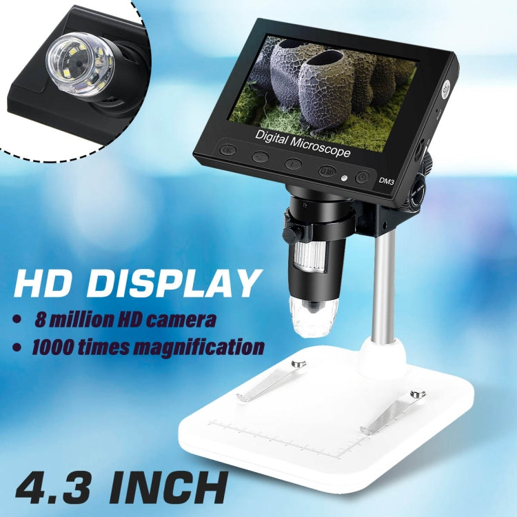 DM4 4.3 นิ้ว LCD ไมโครสโคปแบบดิจิตอลพร้อมการบันทึกและขาตั้ง, HD, 720P, 1000X ซูม