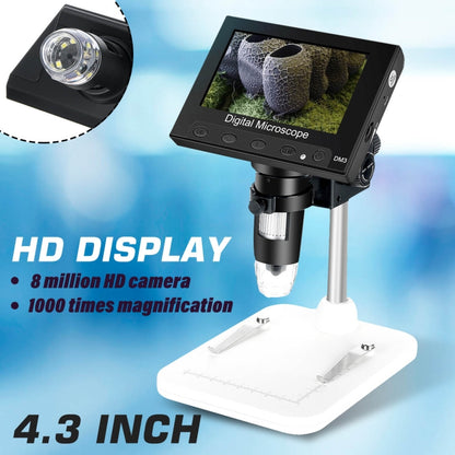 DM4 4.3 นิ้ว LCD ไมโครสโคปแบบดิจิตอลพร้อมการบันทึกและขาตั้ง, HD, 720P, 1000X ซูม