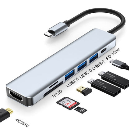 7 ใน 1 HDMI + SD / TF + USB2.0x2 + USB3.0 + PD ไปยังสถานีเชื่อมต่อ HUB Type-C, 7 In 1 Station