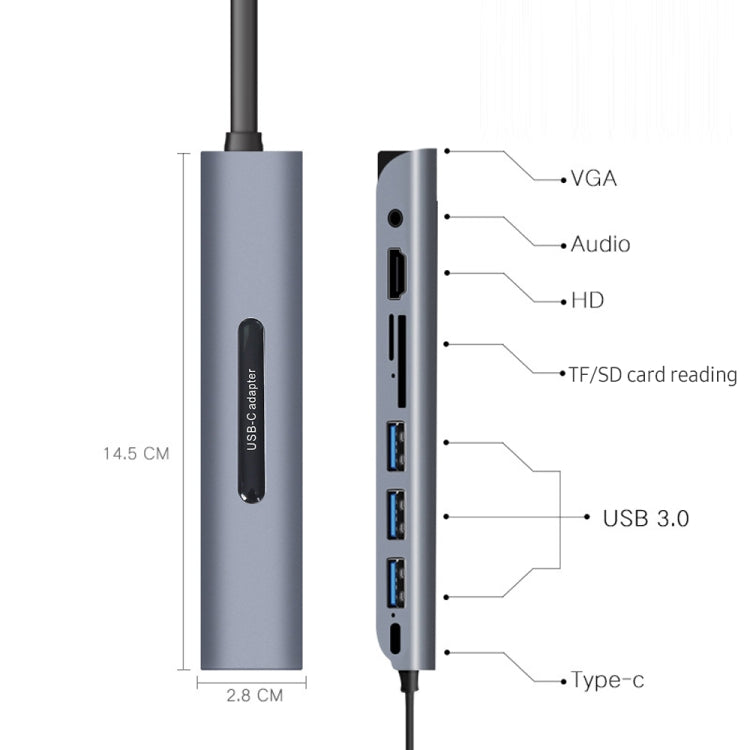 V161B 9-in-1 Type-C ถึง HD / VGA / USB3.0 / SD / 3.5 มม. เสียง / เครื่องอ่านการ์ด TF HUB, V161B