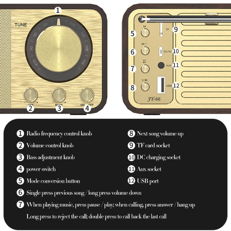 JY-66 ไม้ไร้สาย BT5.0 ลำโพงคลาสสิกย้อนยุควิทยุ FM รองรับ TF / U-Disk / AUX