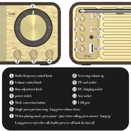 JY-66 ไม้ไร้สาย BT5.0 ลำโพงคลาสสิกย้อนยุควิทยุ FM รองรับ TF / U-Disk / AUX