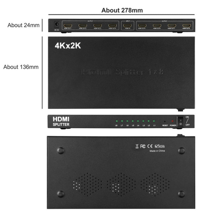 1x8 4K x 2K 3840*2160/30HZ ตัวแยกสัญญาณ HDMI, 1 x 8 4K x 2K
