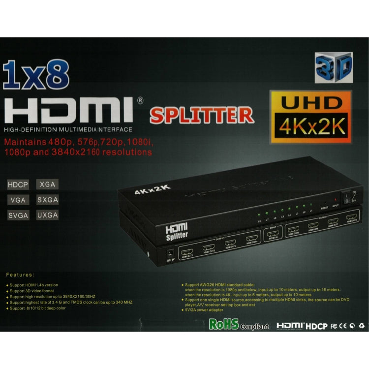 1x8 4K x 2K 3840*2160/30HZ ตัวแยกสัญญาณ HDMI, 1 x 8 4K x 2K