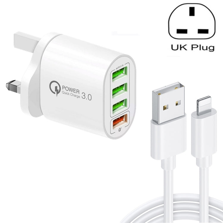 QC-04 QC3.0 + 3 x USB2.0 เครื่องชาร์จหลายพอร์ตพร้อมสายเคเบิลข้อมูล 3A USB ถึง 8 Pin, ปลั๊ก UK, UK Plug + 8 Pin Cable