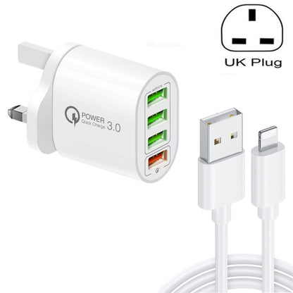 QC-04 QC3.0 + 3 x USB2.0 เครื่องชาร์จหลายพอร์ตพร้อมสายเคเบิลข้อมูล 3A USB ถึง 8 Pin, ปลั๊ก UK, UK Plug + 8 Pin Cable
