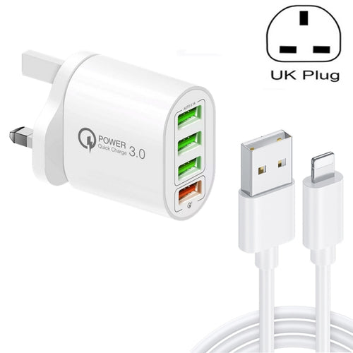 QC-04 QC3.0 + 3 x USB2.0 เครื่องชาร์จหลายพอร์ตพร้อมสายเคเบิลข้อมูล 3A USB ถึง 8 Pin, ปลั๊ก UK, UK Plug + 8 Pin Cable