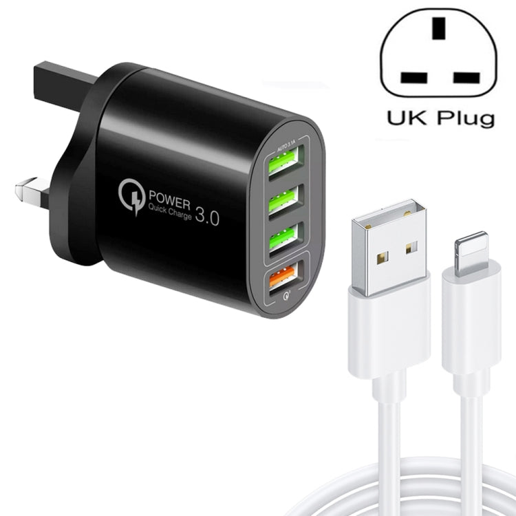 QC-04 QC3.0 + 3 x USB2.0 เครื่องชาร์จหลายพอร์ตพร้อมสายเคเบิลข้อมูล 3A USB ถึง 8 Pin, ปลั๊ก UK, UK Plug + 8 Pin Cable