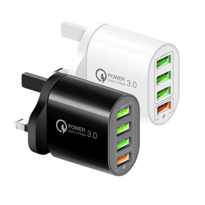 QC-04 QC3.0 + 3 x USB2.0 เครื่องชาร์จหลายพอร์ตพร้อมสายเคเบิลข้อมูล 3A USB ถึง 8 Pin, ปลั๊ก UK, UK Plug + 8 Pin Cable