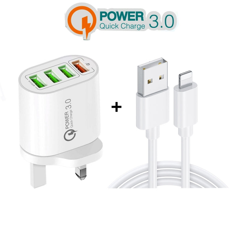 QC-04 QC3.0 + 3 x USB2.0 เครื่องชาร์จหลายพอร์ตพร้อมสายเคเบิลข้อมูล 3A USB ถึง 8 Pin, ปลั๊ก UK, UK Plug + 8 Pin Cable