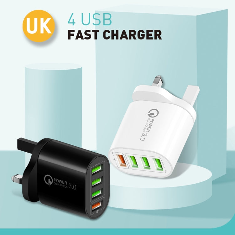 QC-04 QC3.0 + 3 x USB2.0 เครื่องชาร์จหลายพอร์ตพร้อมสายเคเบิลข้อมูล 3A USB ถึง 8 Pin, ปลั๊ก UK, UK Plug + 8 Pin Cable
