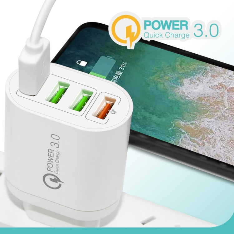 QC-04 QC3.0 + 3 x USB2.0 เครื่องชาร์จหลายพอร์ตพร้อมสายเคเบิลข้อมูล 3A USB ถึง 8 Pin, ปลั๊ก UK, UK Plug + 8 Pin Cable