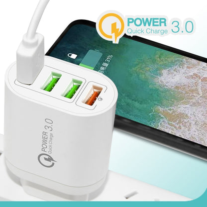 QC-04 QC3.0 + 3 x USB2.0 เครื่องชาร์จหลายพอร์ตพร้อมสายเคเบิลข้อมูล 3A USB ถึง 8 Pin, ปลั๊ก UK, UK Plug + 8 Pin Cable