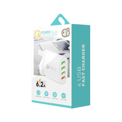 QC-04 QC3.0 + 3 x USB2.0 เครื่องชาร์จหลายพอร์ตพร้อมสายเคเบิลข้อมูล 3A USB ถึง 8 Pin, ปลั๊ก UK, UK Plug + 8 Pin Cable