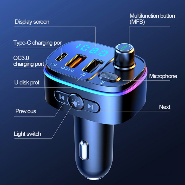 T65 รถบลูทูธเครื่องส่งสัญญาณ FM Dual USB Type-C QC3.0 Charger, T65