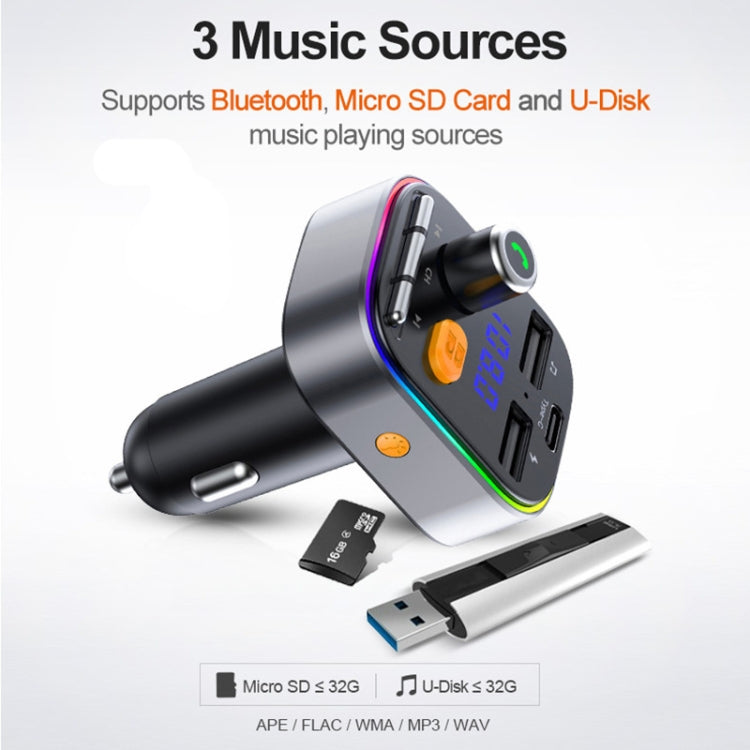 T48C รถบลูทูธ 5.0 Fm ชุดเครื่องส่งสัญญาณ Dual USB พร้อม Type-C 5V 2.4A Car Charger, T48C