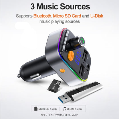 T48C รถบลูทูธ 5.0 Fm ชุดเครื่องส่งสัญญาณ Dual USB พร้อม Type-C 5V 2.4A Car Charger, T48C