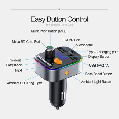 T48C รถบลูทูธ 5.0 Fm ชุดเครื่องส่งสัญญาณ Dual USB พร้อม Type-C 5V 2.4A Car Charger, T48C