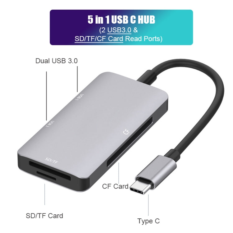 อะแดปเตอร์อ่านข้อมูล 5 in 1 HUB พร้อมการ์ด SD / TF / CF, พอร์ต USB3.0 คู่, Dual USB3.0+SD / TF / CF Card