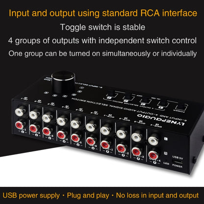 6 ใน 4 ออก RCA Audio Switcher สัญญาณตัวเลือกกระจายอุปกรณ์ควบคุมสวิทช์