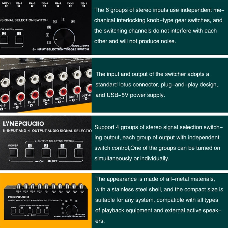 6 ใน 4 ออก RCA Audio Switcher สัญญาณตัวเลือกกระจายอุปกรณ์ควบคุมสวิทช์