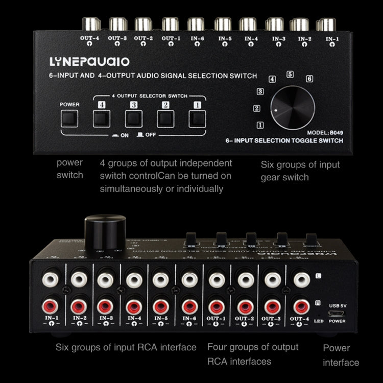 6 ใน 4 ออก RCA Audio Switcher สัญญาณตัวเลือกกระจายอุปกรณ์ควบคุมสวิทช์