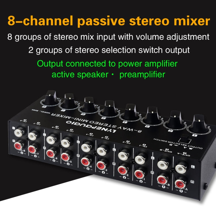 B066 มินิสเตอริโอ 8 ช่อง RCA Non Source Sound Passive Mixer, ไม่มีแหล่งจ่ายไฟ, 8 Channel RCA