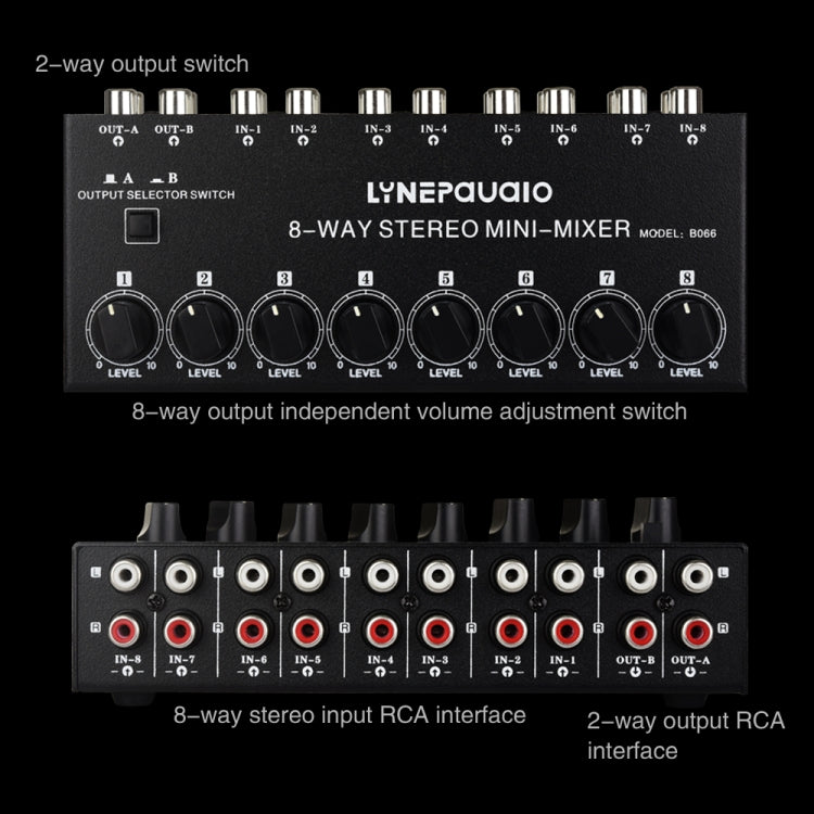 B066 มินิสเตอริโอ 8 ช่อง RCA Non Source Sound Passive Mixer, ไม่มีแหล่งจ่ายไฟ, 8 Channel RCA