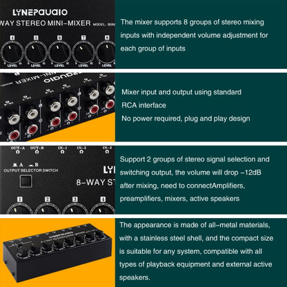 B066 มินิสเตอริโอ 8 ช่อง RCA Non Source Sound Passive Mixer, ไม่มีแหล่งจ่ายไฟ, 8 Channel RCA