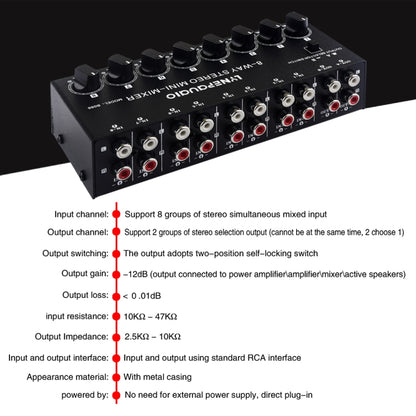 B066 มินิสเตอริโอ 8 ช่อง RCA Non Source Sound Passive Mixer, ไม่มีแหล่งจ่ายไฟ, 8 Channel RCA