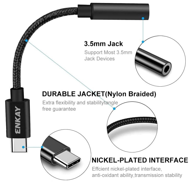 ENKAY USB-C / Type-C ถึง 3.5 มม. อะแดปเตอร์ Aux แบบถักไนลอนสายสัญญาณเสียงถอดรหัสดิจิตอล