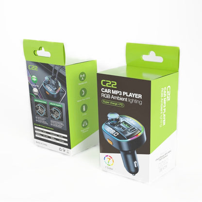 C22 รถบลูทูธ 5.0 เครื่องส่งสัญญาณ FM ไฟ LED จอแสดงผลแรงดันไฟฟ้า QC 3.0 PD Charger, C22