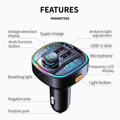 C22 รถบลูทูธ 5.0 เครื่องส่งสัญญาณ FM ไฟ LED จอแสดงผลแรงดันไฟฟ้า QC 3.0 PD Charger, C22