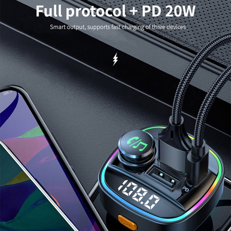 C22 รถบลูทูธ 5.0 เครื่องส่งสัญญาณ FM ไฟ LED จอแสดงผลแรงดันไฟฟ้า QC 3.0 PD Charger, C22