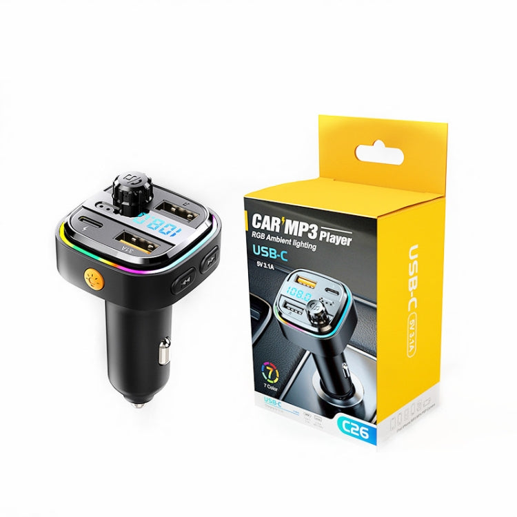 C26 รถเครื่องส่งสัญญาณบลูทูธแฮนด์ฟรีเครื่องเล่นเสียง Dual USB Car Charger, C26