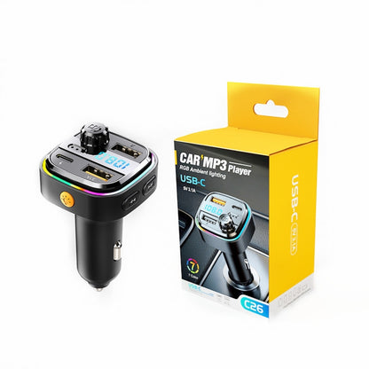C26 รถเครื่องส่งสัญญาณบลูทูธแฮนด์ฟรีเครื่องเล่นเสียง Dual USB Car Charger, C26