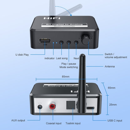 B35S Bluetooth 5.2 เครื่องรับเพลงตัวแปลงดิจิตอลเป็นอนาล็อกรองรับ U-disk Fiber Coaxial, B35S