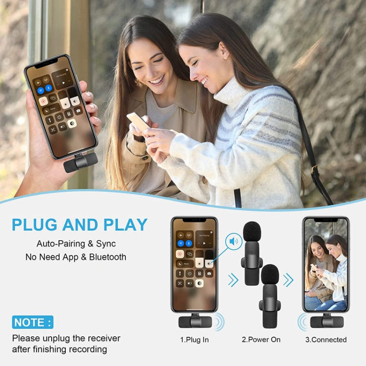 K9 Wireless Clip-on การตัดเสียงรบกวนอัตโนมัติแบบสดขนาดเล็ก ไมโครโฟน สำหรับอุปกรณ์ 8 พิน 2 ใน 1, K9IP-2