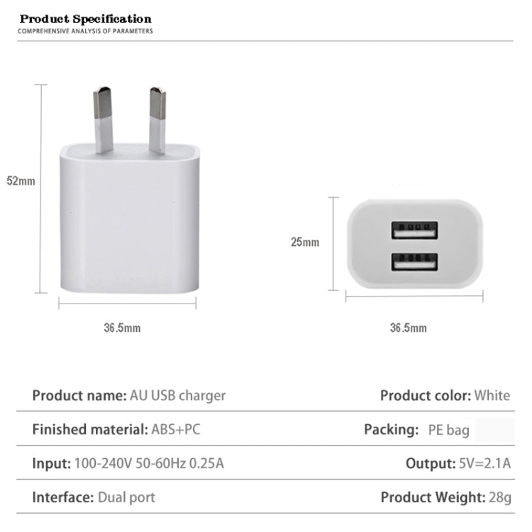 เครื่องชาร์จ USB สองพอร์ตขนาดเล็กพร้อมสายเคเบิลข้อมูล USB เป็น Micro USB, ปลั๊ก AU, AU Plug + Micro USB Cable