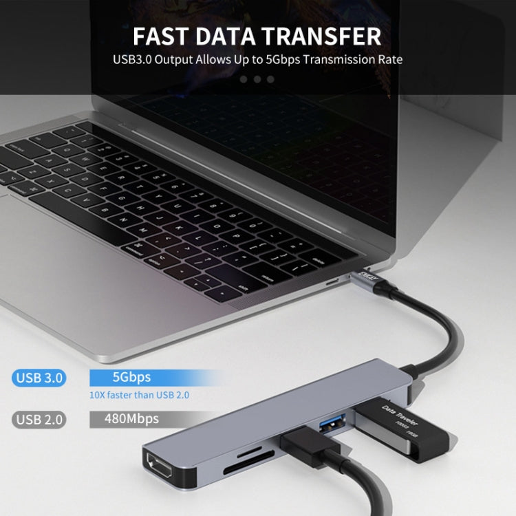 ENKAY Hat-Prince 6 in 1 Type-C ถึง 4K HDMI Docking Station Adapter USB-C Hub เครื่องอ่านการ์ด SD / TF, 6 in 1 Type-C to 4K HDMI