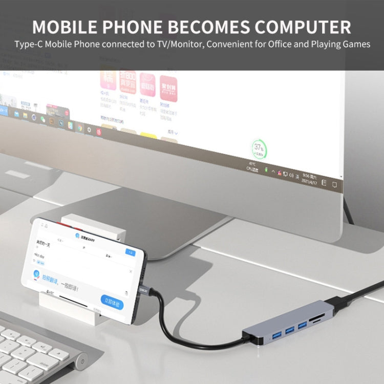 ENKAY Hat-Prince 6 in 1 Type-C ถึง 4K HDMI Docking Station Adapter USB-C Hub เครื่องอ่านการ์ด SD / TF, 6 in 1 Type-C to 4K HDMI