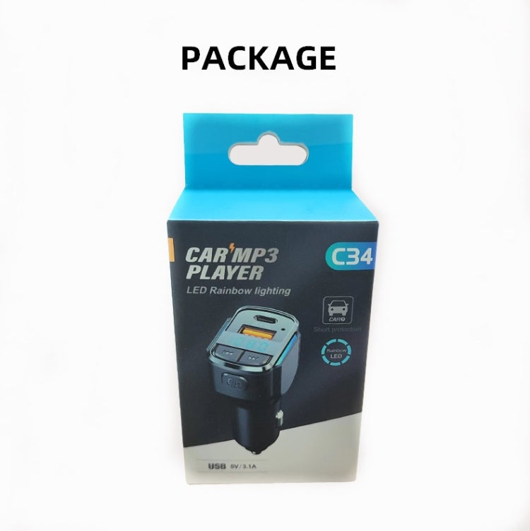 C34 รถบลูทูธ 5.0 Charger เครื่องส่งสัญญาณ FM ไฟแช็ก MP3 เครื่องเล่นเพลง, C34